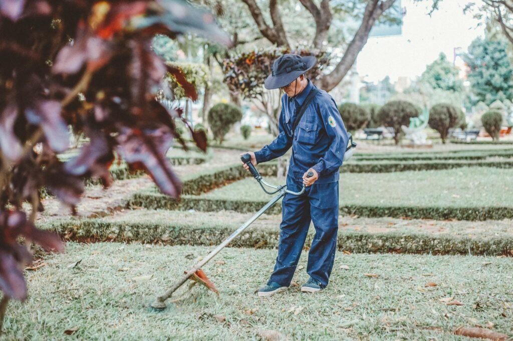 A gardener trims grass in a scenic park setting, focusing on maintenance and landscaping.